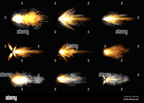 Gun shot with fire and smoke. Weapon firing effects. Vector realistic set of gun muzzle flashes ...