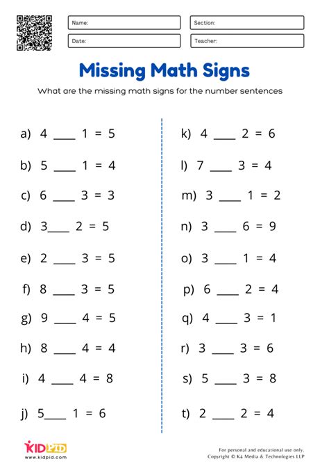 Missing Maths Signs Plus or Minus Printable Worksheets for Grade 1 - Kidpid