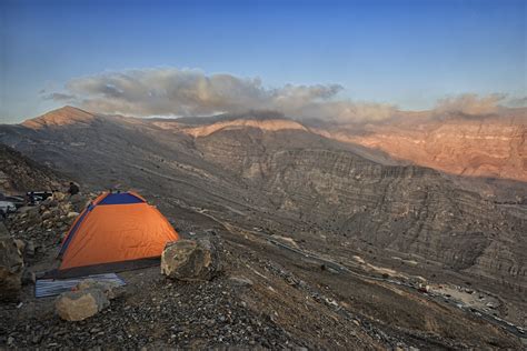 Camping at Jabal Jais, the tallest mountain in the United Arab Emirates at 1,910m in Ras al ...