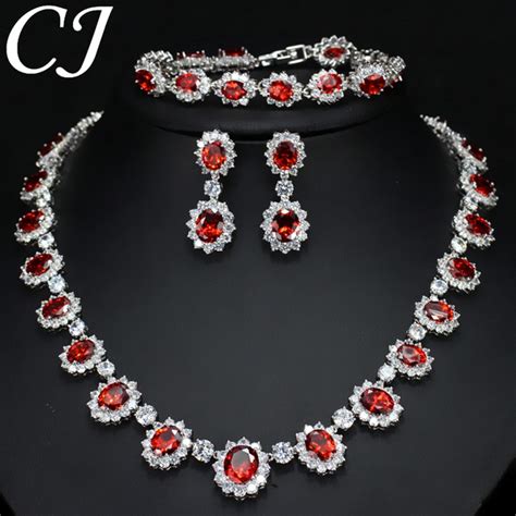 CANDICE Elegant Red Wedding Jewelry Set Micro CZ Stone Paved Oval ...