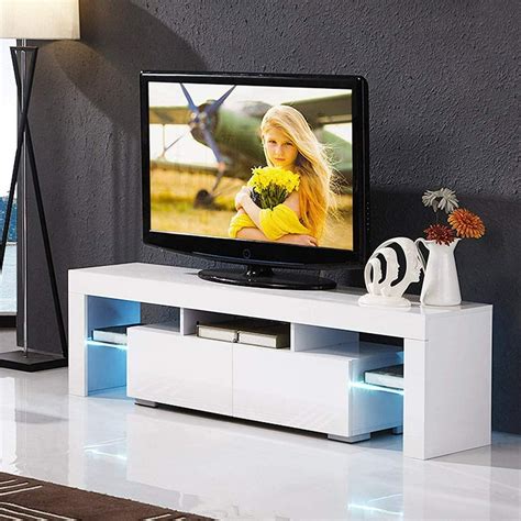 Corner TV Console Table, Modern White TV Stand with High-Gloss LED ...