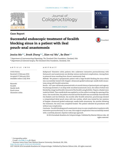 (PDF) Successful endoscopic treatment of fecalith blocking sinus in a patient with ileal pouch ...