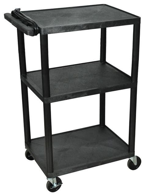 a black three shelf utility cart with wheels