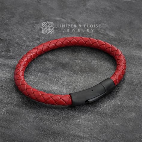 Braided Red Leather Bracelet with Matte Black Steel Lock