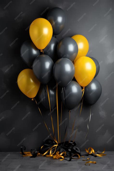 Premium AI Image | Black birthday balloons with golden ribbons on a dark background