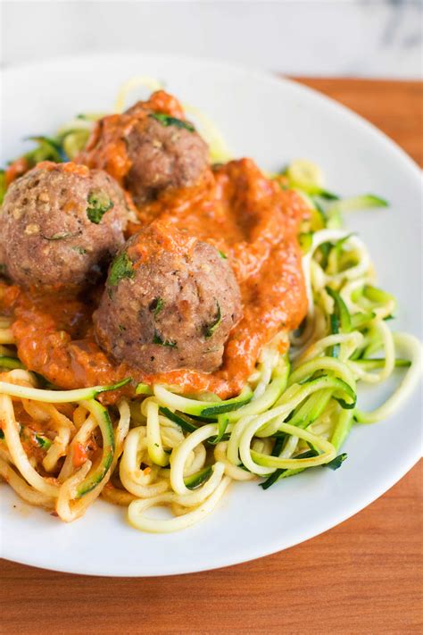 Zoodles with Turkey Meatballs in a Red Pepper Sauce - Whole 30 Friendly