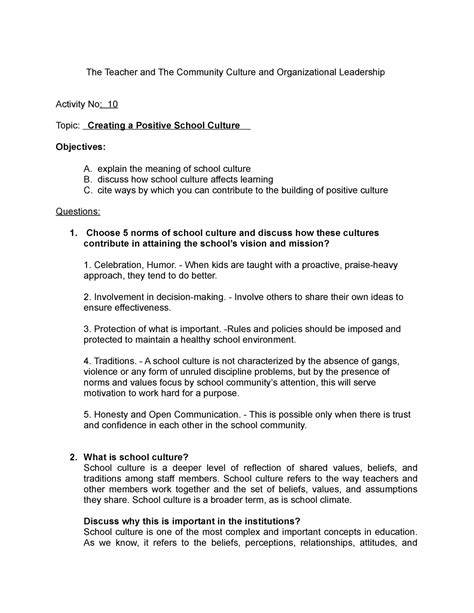 Worksheet - 10 Creating a Positive School Culture - The Teacher and The Community Culture and ...