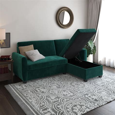 DHP Noah Sectional Sofa Bed with Storage, Twin Bed Frame, Green Velvet ...