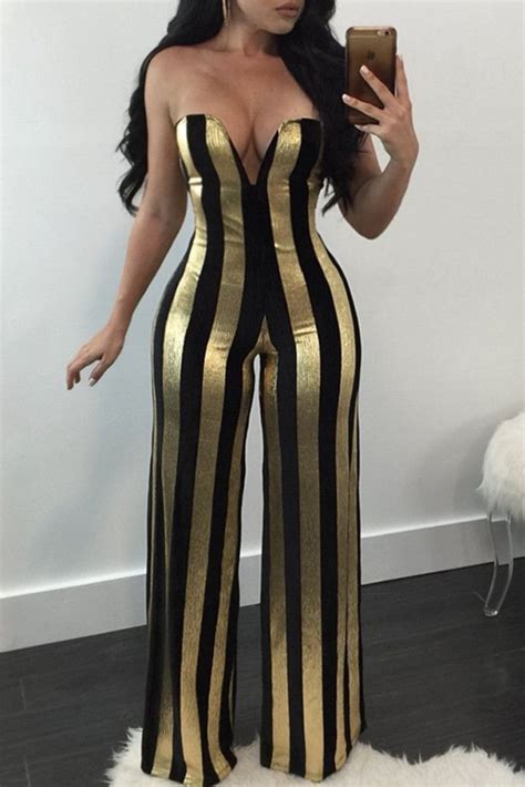 Black Gold Fashion Sexy Striped Backless Strapless Regular Jumpsuits | Fashion sexy, Jumpsuit ...