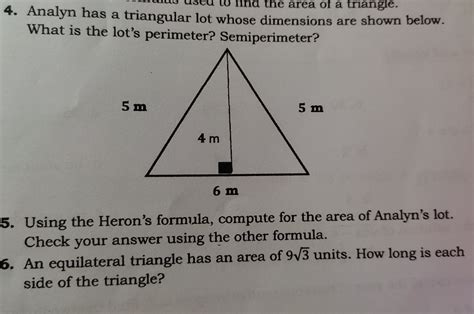 Solved: as usea to tind the area ot a triangle. 4. Analyn has a triangular lot whose dimensions ...