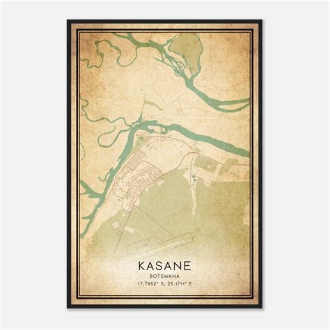 Vintage Kasane Botswana Map Poster, Kasane City Road Wall Art Print - Custom Maps & Posters