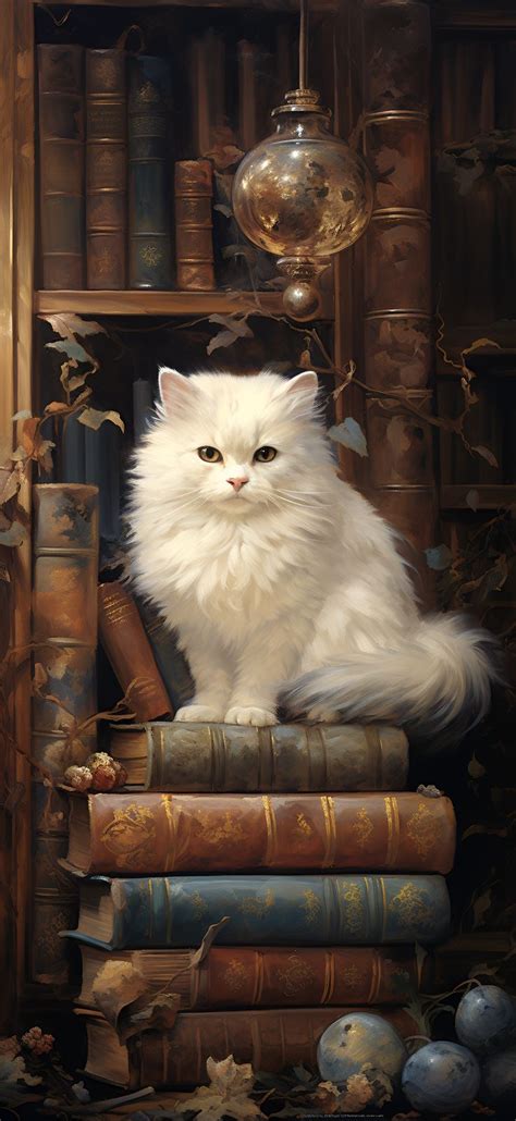 Illustration of a fluffy white cat sitting on top of old books in a library, great for an ...