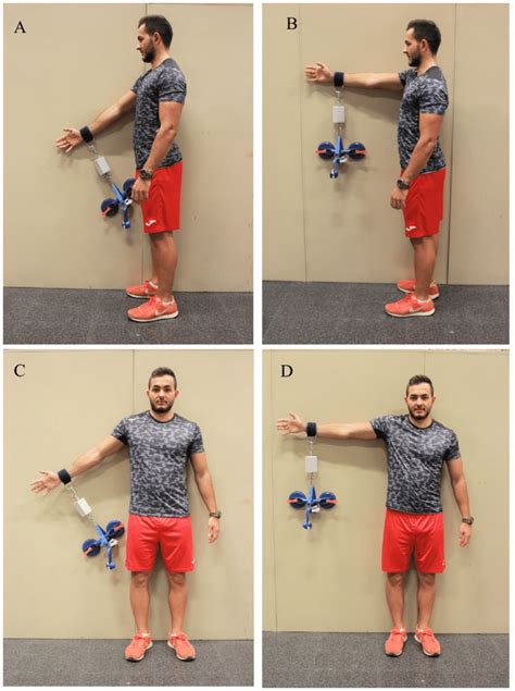 Isometric strength tests for: (A) shoulder flexion at 45 • ; (B ...