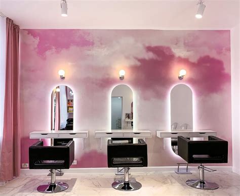 Pink and White Salon Interior Design with Clouds Wall Art