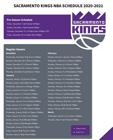 Printable Sacramento Kings 2020-21 schedule (and TV schedule) - Printerfriendly