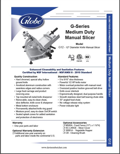 Buy Globe G12 12" Medium Duty Manual Manual Slicer - 1/2 HP - Davison's ...