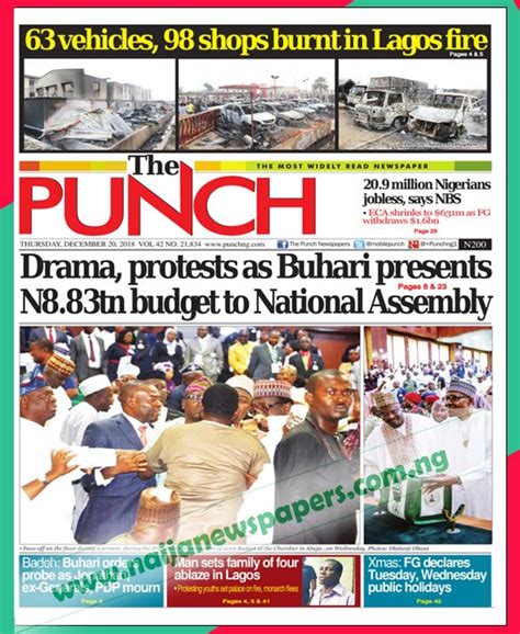 Nigerian Newspapers Front Page Headlines, Thursday 20th December 2018 - Politics - Nigeria