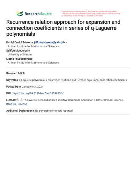 (PDF) Recurrence relation approach for expansion and connection coefficients in series of q ...