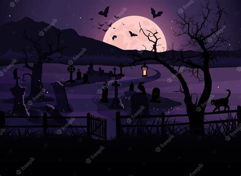 Premium Vector | Halloween background, cemetery night scene