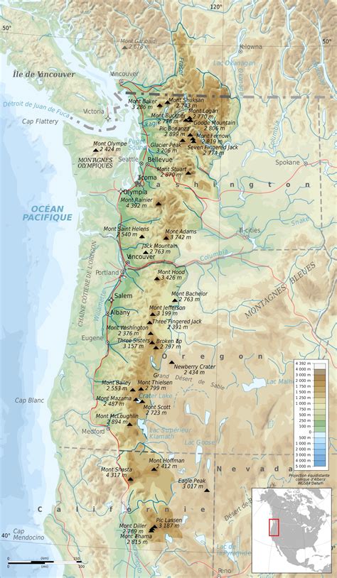 United States - Canada - Cascade Range: topographic • Map • PopulationData.net