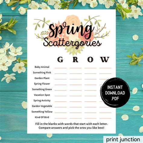 Spring Scattergories, Spring Games, Printable Springtime Games, Party Games, Spring Activities ...