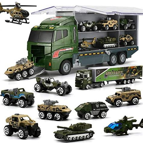 10 Pieces Military Truck Set, Mini Die-cast Battle Car in Carrier Truck, Army Toy Double Side ...