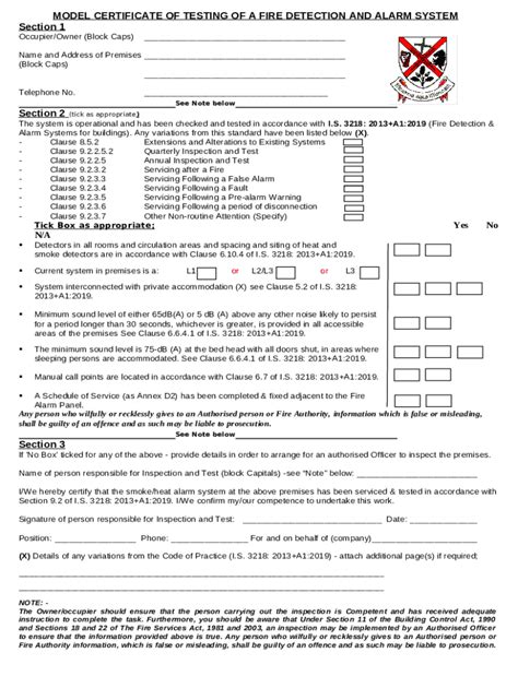 MODEL CERTIFICATE OF TESTING OF A FIRE ALARM SYSTEM Doc Template ...