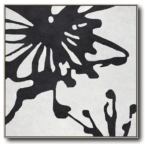 Handmade Large Contemporary Art,Minimal Black White Abstract Flower Painting - Artwork For Sale