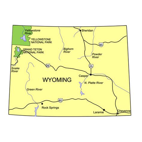 Wyoming US State PowerPoint Map, Highways, Waterways, Capital and Major Cities - MAPS for Design