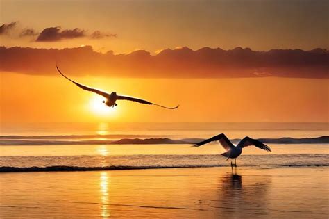 Premium AI Image | two seagulls are flying in front of a sunset.