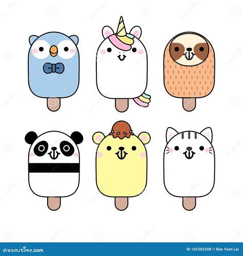 Conjunto De Tiernos Helados De Dibujos Animados Con Animales Al Estilo ...