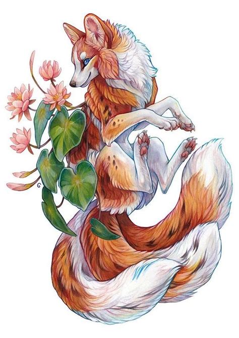 A4 Print 'three Tailed Lotus Fox' - Etsy | Illustrations animalières, Art fox, Dessin animaux ...