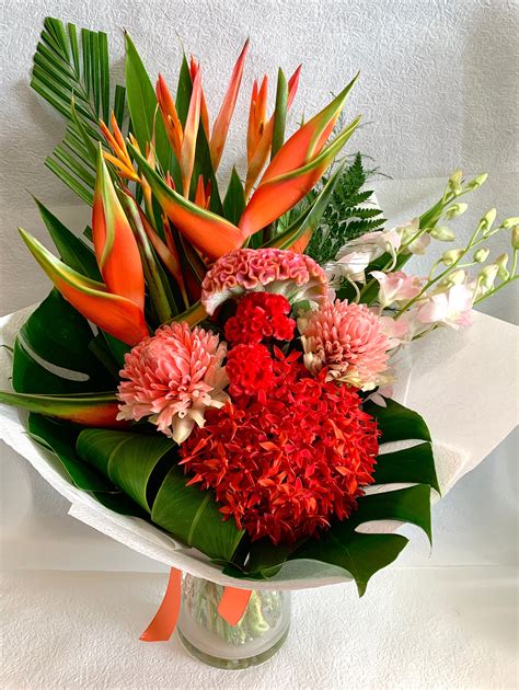 Modern style bouquet with bright colourful flowers. Designed in Kununurra.