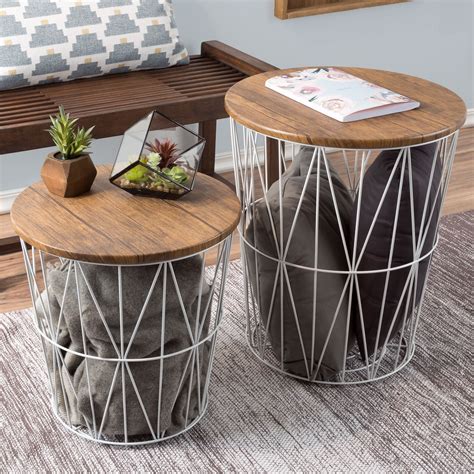 Nesting End Tables with Storage- Set of 2 Convertible Round Metal Basket Veneer Wood Top Accent ...