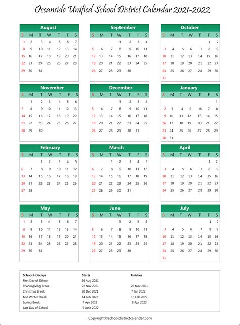 Oceanside Unified School District Calendar Holidays 2021-2022