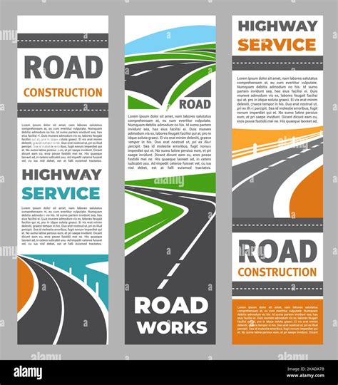 Highway road repair service banners. Road construction department, highway service vertical ...