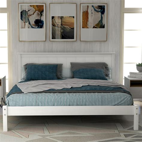 White Wood Bed Frames for Full Size, Modern Platform Bed Frame with Headboard, Heavy Duty Full ...