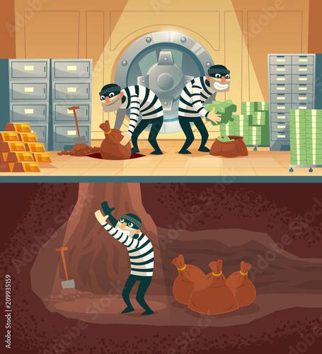 Vector cartoon illustration of bank robbery in safety vault. Three thieves stealing gold, cash ...