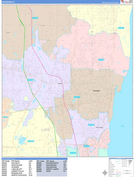 Waukegan Illinois Wall Map (Color Cast Style) by MarketMAPS - MapSales