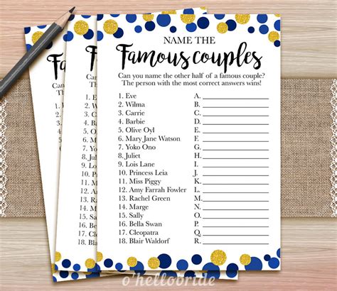 Name the Famous Couples Game Printable Navy Blue Bridal - Etsy