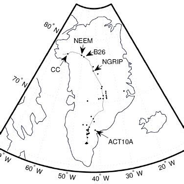 The 52 ice core locations listed in Table 1. The five locations from ...