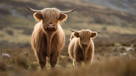 Two Highland Cows Are Standing In A Field Of Grass Background, Highland Cattle Picture, Cattle ...