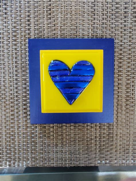 Frame Blue Striped Mosaic Heart Fused Dichroic Glass on Yellow Glass ...