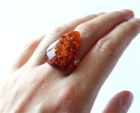 Large amber ring, amber jewelry, amber silver ring, natural Baltic amber, massive cognac amber ...