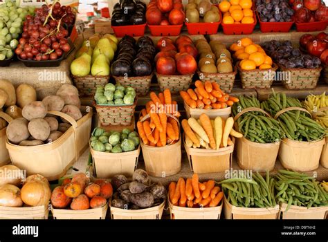 Baskets of fresh vegetables and fruit for sale in the Lachine Market ...