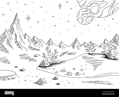 Alien planet graphic black white space landscape sketch illustration vector Stock Vector Image ...