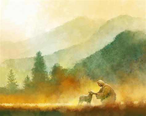 "The Lost Sheep" by Yongsung Kim, Jesus with lamb in mountain landscape ...