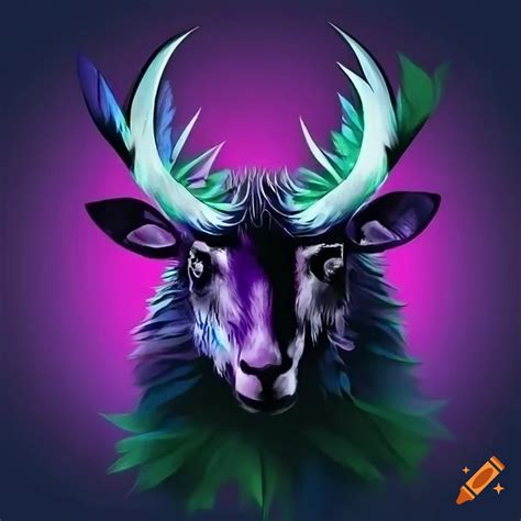 Sheep with purple and blue feathers and deer antlers