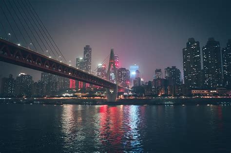 HD wallpaper: ChongQing, China, sky, bridge, river, skyscraper, night ...