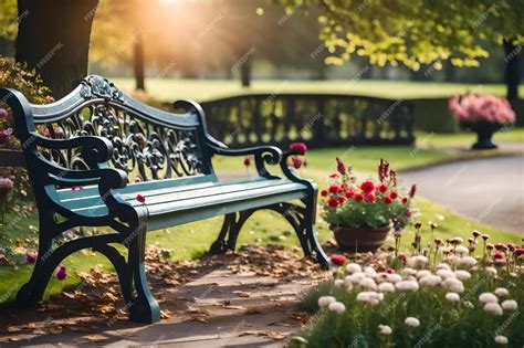 Premium AI Image | A park bench with flowers and a park in the background